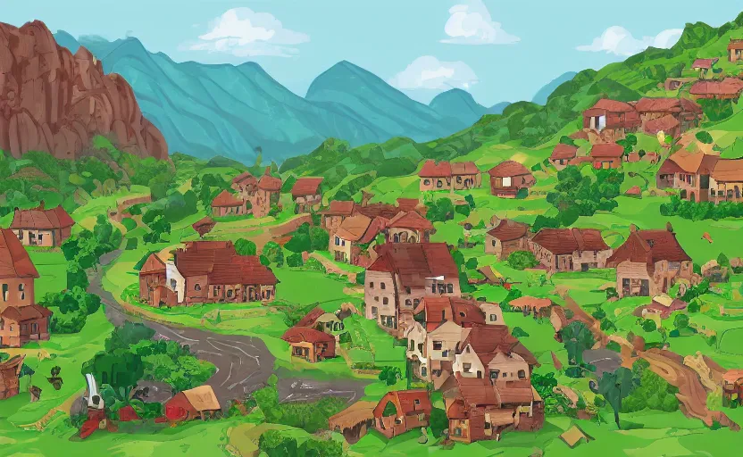 Prompt: a small village in a valley, villagers busy farming, a dragon approaching from a distance, storybook, gouache, flat, concept art, pixel art