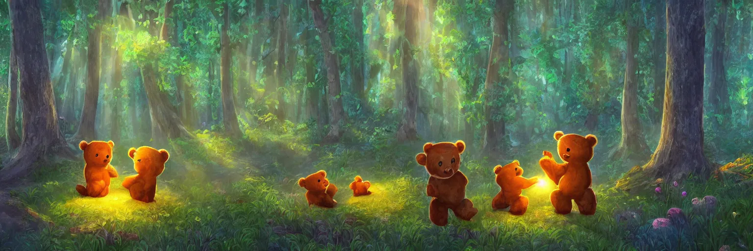 Image similar to a lodge in the middle of a magical forest with two cute humanoid bear cubs standing in front of it, light rays are shining through the leaves of the trees above, magical environment, beautiful light. trending on artstation 4 k award winning artwork of an unknown artist. vivid colors. detailed painting. kids book illustration.