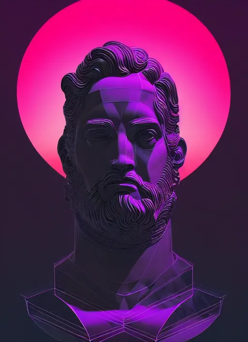 Image similar to statue of hercules, beeple, android jones, ( ( ( ( ( dan mumford ) ) ) ) ), vaporwave, retrowave, black background, neon wiring, black, glitch, strong contrast, cuts, pinterest, trending on artstation