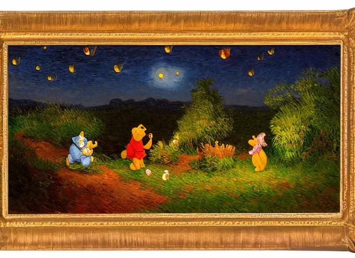 Prompt: romanticism impressionism landscape painting of winnie the pooh characters at night, night time, colorful paper lanterns, string lights, in the style of hudson river school and thomas cole and albert bierstadt and vincent van gogh