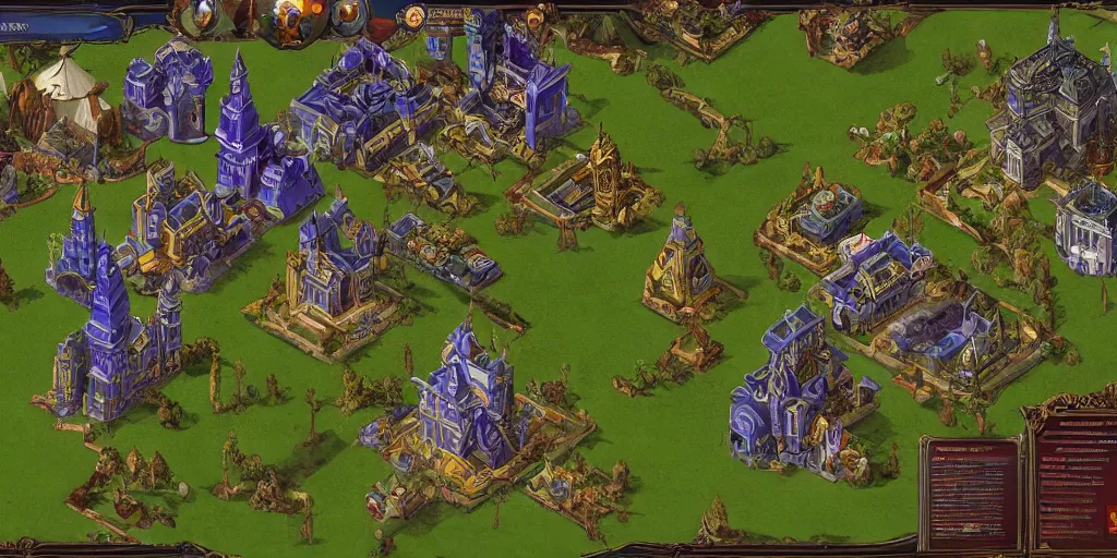 Prompt: art nouveau real time strategy, gameplay, units, buildings, base, medieval, fantasy, bright colors, high contrast,Art Deco, Warcraft 3 gameplay