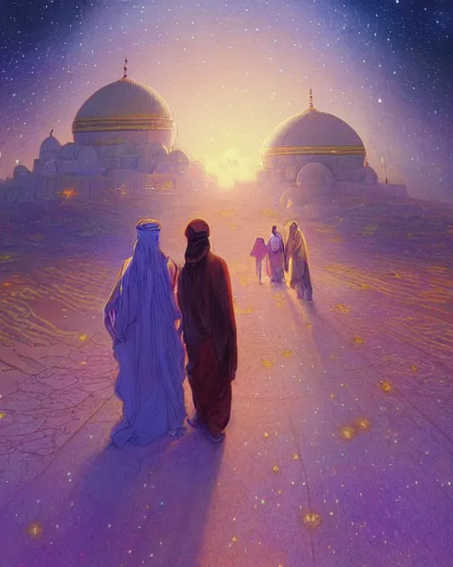 Image similar to bedouin man and woman and child in galaxy walking towards mosque surrounded by nebula, highly detailed, gold filigree, romantic storybook fantasy, soft cinematic lighting, award, disney concept art watercolor illustration by mandy jurgens and alphonse mucha and alena aenami, pastel color palette, featured on artstation