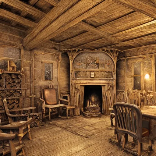 Prompt: a highly detailed realistic old world gothic cottage interior with fireplace, wooden chairs, leather chairs, old wood, night, warmth, photorealistic, insanely detailed and intricate, epic, volumetric haze, hyper realistic, elegant, ornate, elite, horror, creepy, ominous, haunting, cinematic lighting, metal plate photograph, orange, unreal engine, symmetrical, cinematic centered camera, high detail by Isaac Levitan, Frederic Church and Vasily Perov