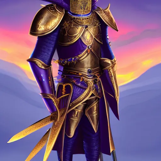 Image similar to a highly detailed knight with glowing purple eyes in a T golden helmet and a golden crown with a blue diamond in the center, golden armor, leather clothes under the armor, leather gloves, holds a black sword, artstation, DeviantArt, professional, octane render, sunset lighting