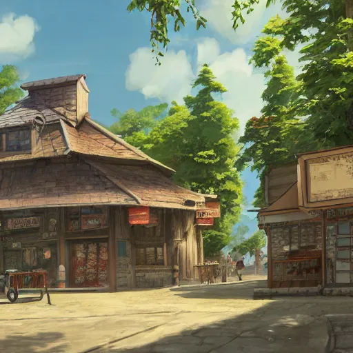 Prompt: concept art painting of a historic bakery with european and japanese architecture, in a forest village surrounded by trees, realistic, detailed, cel shaded, in the style of makoto shinkai and greg rutkowski and james gurney