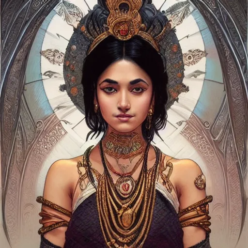 Image similar to Portrait of an hindu goddess with black hair, 3c, asian, dark art, D&D, fantasy, intricate, elegant, highly detailed, digital painting, artstation, concept art, matte, sharp focus, illustration, art by Artgerm and Greg Rutkowski and Alphonse Mucha