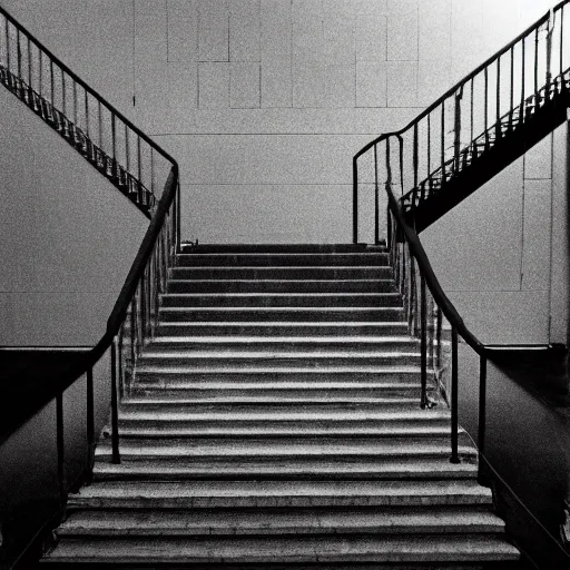 Prompt: black and white press photograph, highly detailed vast space made of stairsteps, detailed textures, natural light, mist, architecture photography, film grain, soft vignette, sigma 1 4 mm f / 1. 4 1 / 1 0 sec shutter, darren aronofsky film still promotional image, imax 7 0 mm footage