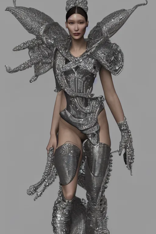 Prompt: a highly detailed 4 k render of a beautiful angel alien goddess bella hadid in iris van herpen dress armor schiaparelli in diamonds in style of alphonse mucha trending on artstation made in unreal engine 4