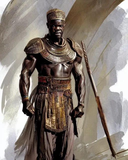 Image similar to concept art by anders zorn and craig mullins depicting djimon hounsou as a tall and very lean temple guard dressed in ancient egyptian decorative armor, flowing robes, harem pants, and leather strapped sandals