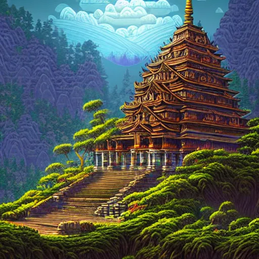 Image similar to mysterious temple in the mountains, fantasy landscape, extremely detailed, sharp focus, pixelart, wide view, digital illustration, by dan mumford, greg rutowski, johan grenier