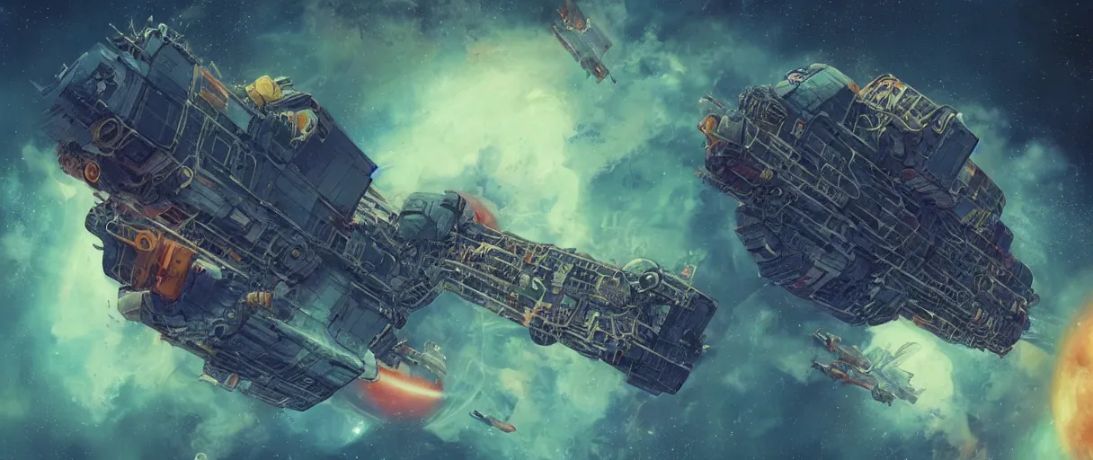 Image similar to tiny spaceship!!, deep space exploration!!!, flying, the expanse tv series, industrial design, the final frontier, illustrative!!, punk, space pirate, painterly, hyperdetailed, hyperrealistic, utilitarian cargo ship, cinematic lighting, 4k, wide angle, beksinski, (neon colors)