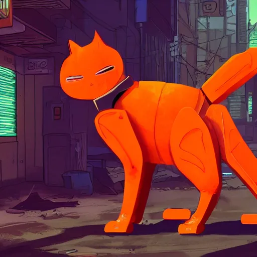 Image similar to a orange cat in a cyberpunk post apocalyptic city with robots living as humans