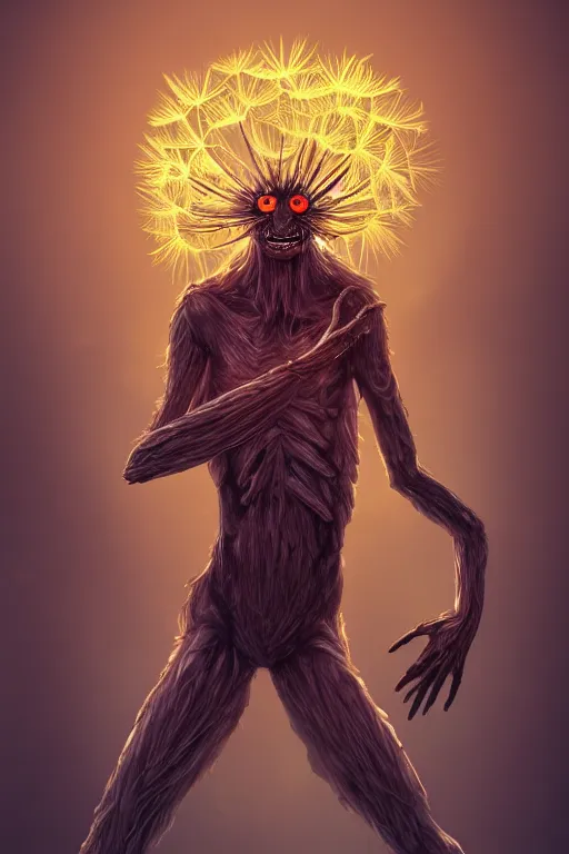 Image similar to a glowing humanoid figure dandelion monster with large glowing eyes, highly detailed, digital art, sharp focus, trending on art station, artichoke, anime art style