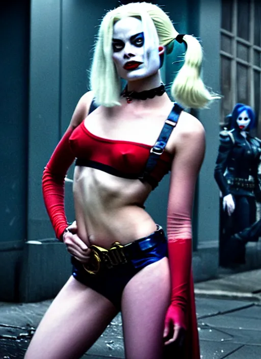 Image similar to 2 8 mm photo of beautiful suicide squad happy margot robbie with long white hair that looks like harley quinn standing on the wet street of dystopian gotham city at night, angry frown, seductive camisole, pinup model, glamour fashion pose, frank miller, jim lee, cinematic, ridley scott, lens flare, annie leibowitz