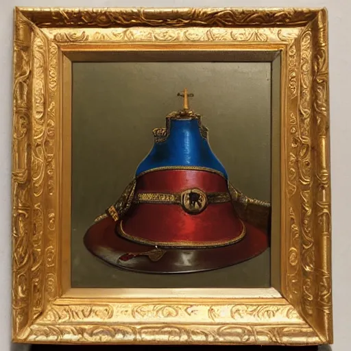 Prompt: still life oil painting of a prussian pickelhaube