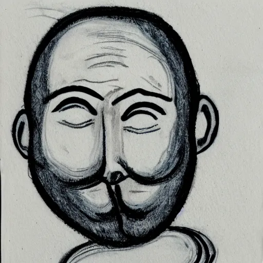 Image similar to portrait of bald short - bearded man with round face, small eyebrows, wide lips and kind blue eyes, minimalictic black and white art brut, ink, pencil