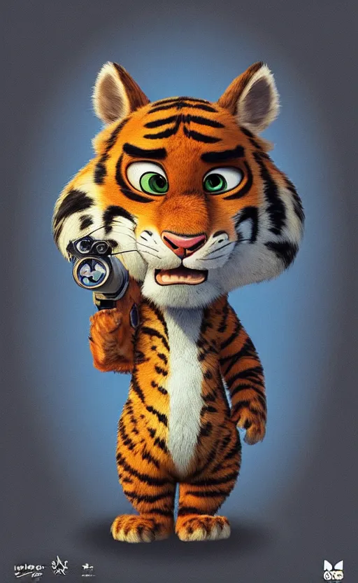 Prompt: “portrait of tiger in the style of the movie zootopia holding a laser gun, with a dark background behind him”