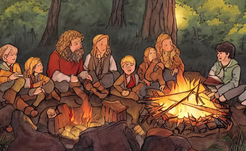 Image similar to childrens book illustration of the fellowship of the ring making s'mores around a campfire