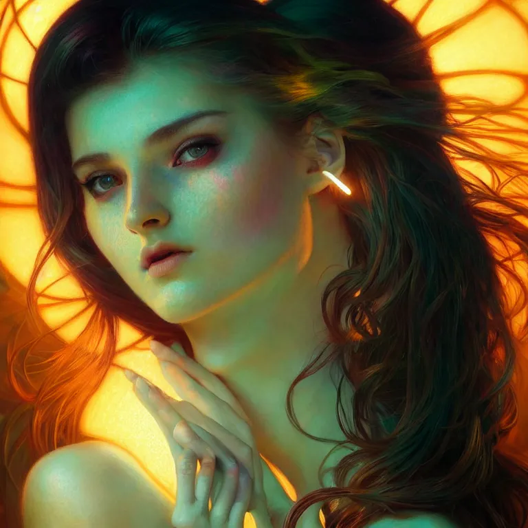 Image similar to bright asthetic portrait LSD glowing backlit, fantasy, intricate, elegant, dramatic lighting, highly detailed, lifelike, photorealistic, digital painting, artstation, beautiful woman, gorgeous face, illustration, concept art, smooth, sharp focus, art by John Collier and Albert Aublet and Krenz Cushart and Artem Demura and Alphonse Mucha