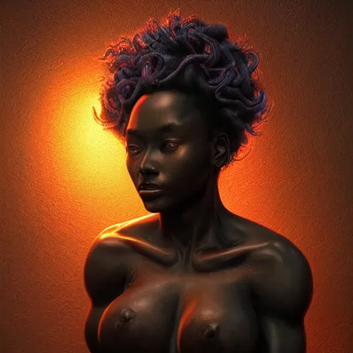 Image similar to Photorealistic ebony goddess in the style of Michael Whelan and Gustave Dore. Hyperdetailed photorealism, 108 megapixels, amazing depth, glowing rich colors, powerful imagery, psychedelic Overtones, 3D finalrender, 3d shading, cinematic lighting, artstation concept art