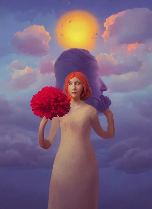 Image similar to portrait of a woman with a giant carnation as a face, flower field, surreal photography, sunset dramatic light, impressionist painting, colorful clouds, blue sky, digital painting, artstation, simon stalenhag