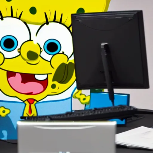 Prompt: spongebob using a pc