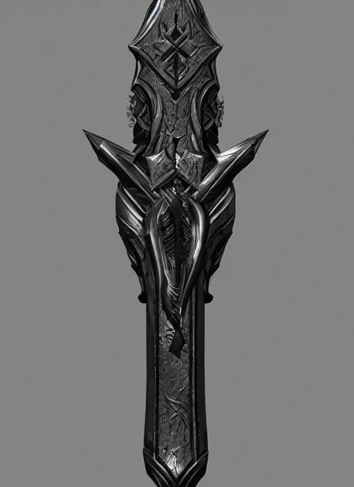 Image similar to a black long sword skull crest, orthographic, ornament, weapon, a 3 d render by dom qwek, front side full, trending on polycount, artstation, hard surface modeling, rendered in maya, zbrush, blender, hd, vray, berserk first person view, symmetry