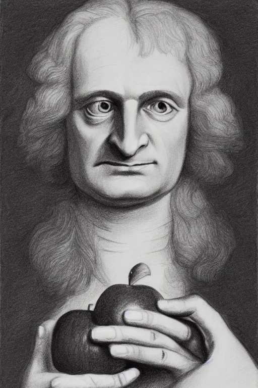 Image similar to isaac newton holding an apple, hand drawing, graphite