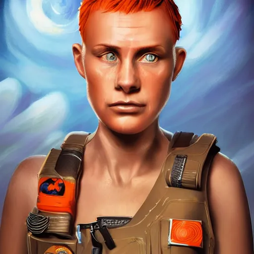 Image similar to character concept art of heroic stoic emotionless butch blond handsome woman space explorer with detailed tribal chin tattoos, dirty and injured, very short slicked - back butch hair, no - makeup, narrow eyes, wearing atompunk jumpsuit, orange safety vest, retrofuture, highly detailed, science fiction, illustration, oil painting, realistic, lifelike, pulp sci fi, cinematic