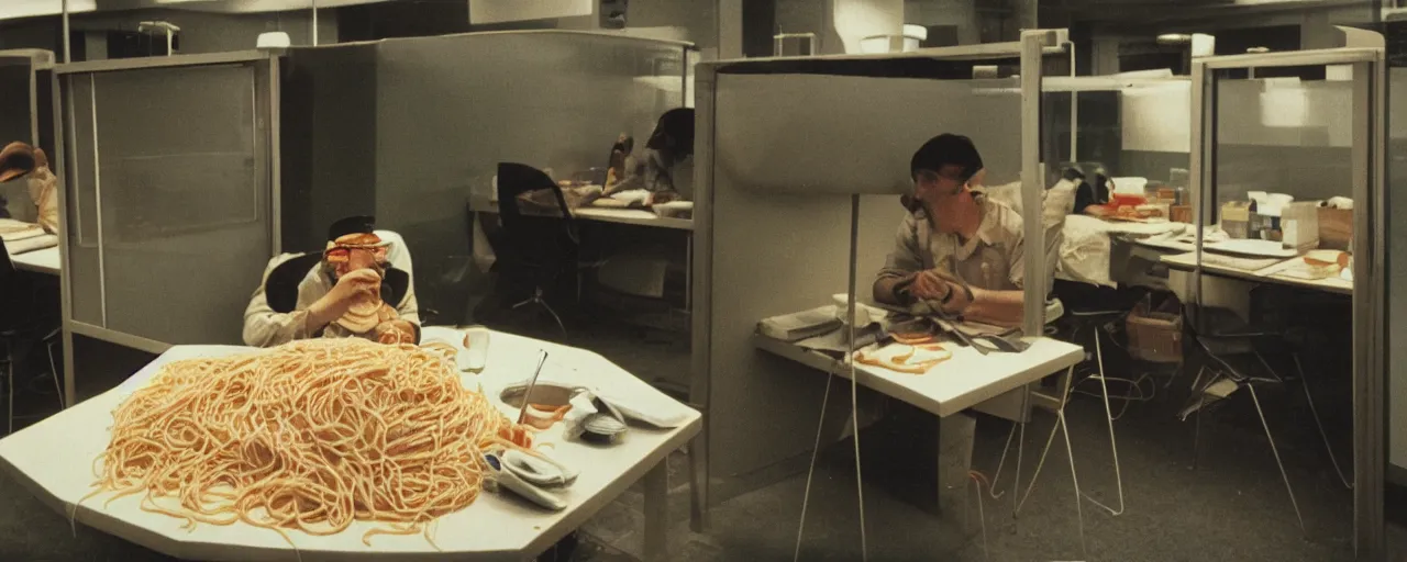 Prompt: security cam photo of a worker eating spaghetti!! alone at their cubicle, evening, kodachrome, in the style of wes anderson, retro