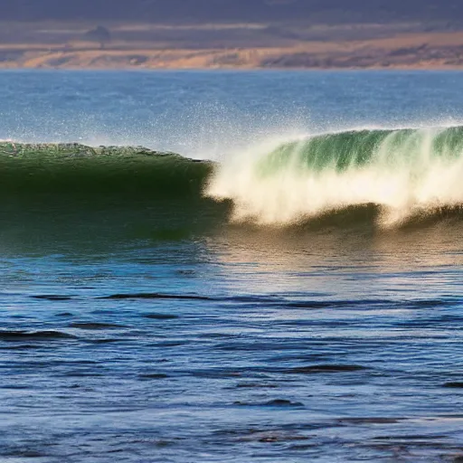 Image similar to perfect wave breaking in shallow clear water front view, hollister ranch, offshore winds, kelp, islands on horizon, oil dereks on horizon, late afternoon, fall, central california