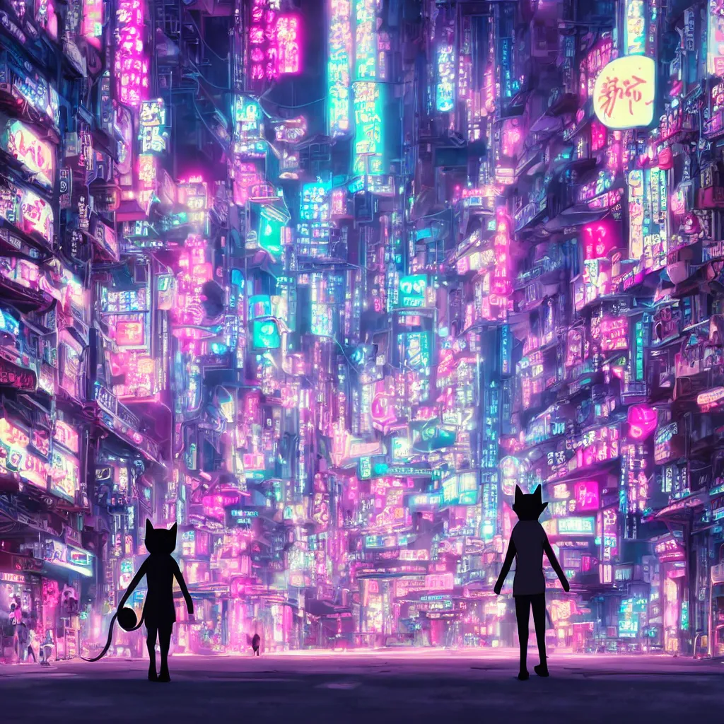 Prompt: cinematic studio ghibli shot of adorable black kitten walking through neon cyberpunk neo - tokyo ( ( no pink ) ), studio ghibli, hayao miyazaki, anime, detailed, 4 k, high definition