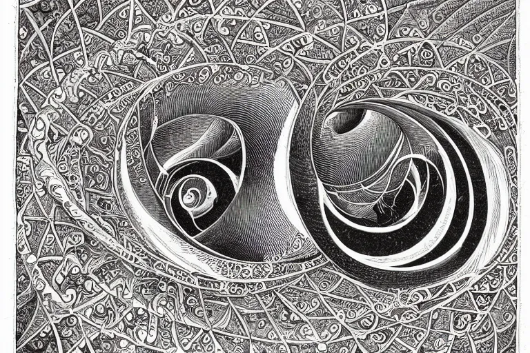 Image similar to an ornate illustration in the styles of mandalas and fractals, the styles of escher and penrose, depicting a weasel staring deep into the heart of the impossible all - and - nothing of the emerging technological singularity ; / what has god wrought? / he seems to be whispering.