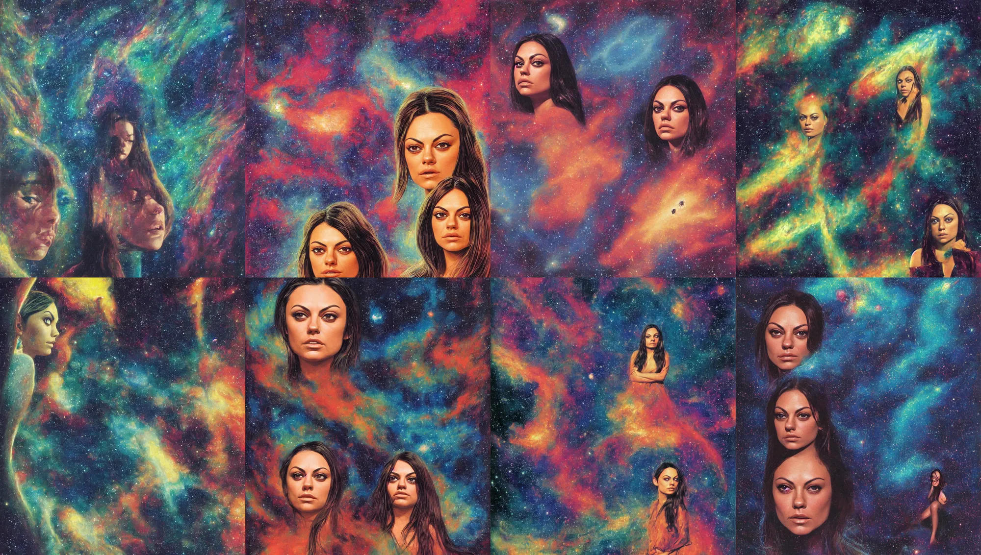 Prompt: close face portrait of Mila Kunis waiting in an enormous colorful space lobby with a window on a nebula, 1970, Ludek Pesek, Rick Guidice, Chesley Bonestell, Lucien Rudaux, Rolf Klep, Fred Freeman, George Pal