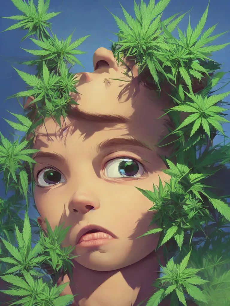 Prompt: kid with green purple flowers of marijuana hemp cannabis, behance hd by jesper ejsing, by rhads, makoto shinkai and lois van baarle, ilya kuvshinov, rossdraws global illumination, golden ratio, symmetrical beauty face