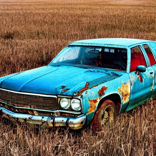 Prompt: A medium shot photograph of a rusty, worn out, broken down, decrepit, run down, dingy, faded, chipped paint, tattered, beater 1976 Denim Blue Dodge Aspen in a farm field, photo taken in 1989
