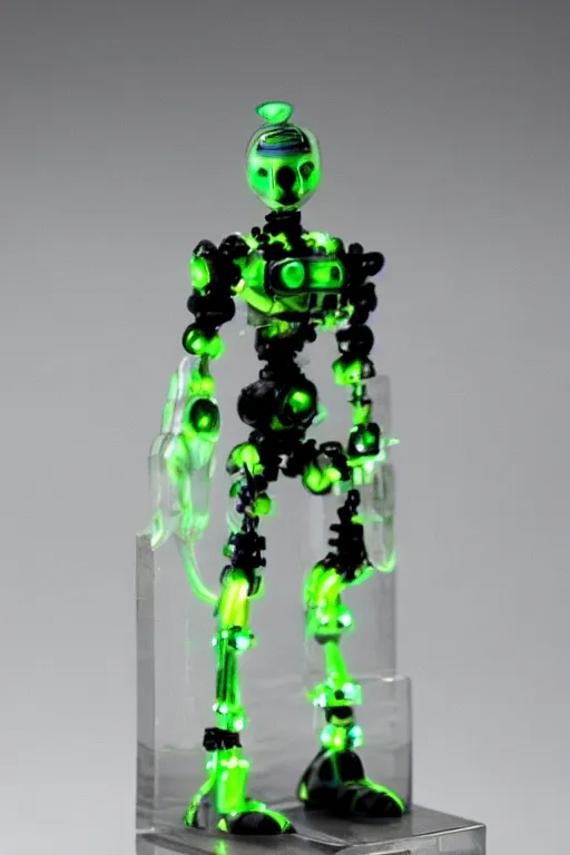 Prompt: a intricate anime figurine that looks like a transparent plastic robot with fluo colored details, fog all around, moody light