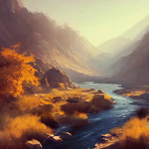 Image similar to river in avila dry mountains, 4 k, concept art, by wlop, ilya kuvshinov, artgerm, krenz cushart, greg rutkowski, pixiv. cinematic dramatic atmosphere, sharp focus, volumetric lighting, cinematic lighting, studio quality