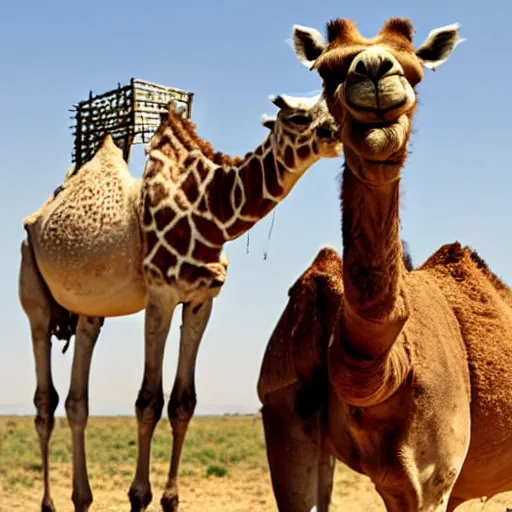 Prompt: A camel and a giraffe walking along a barbed wire