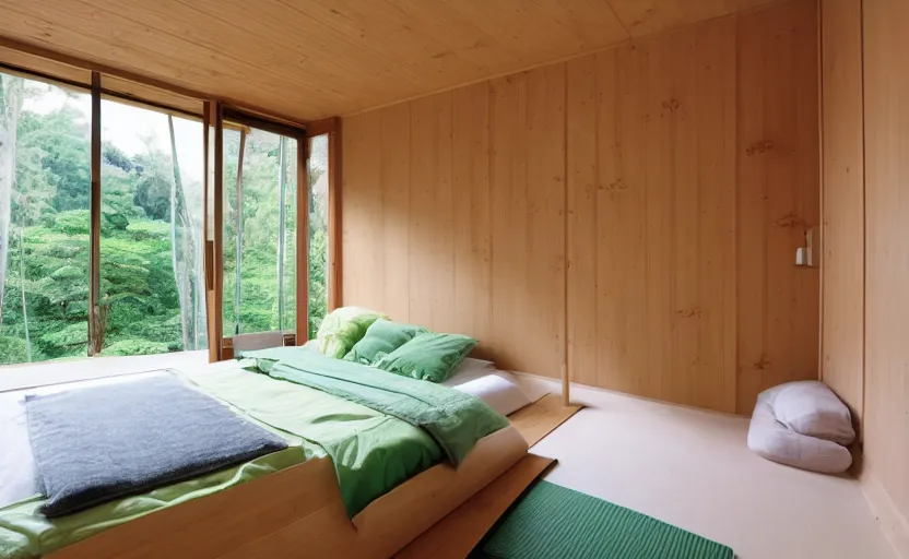 Prompt: interior of a small minimalist bedroom, japanese style, bed, cupboards, bamboo wood, pine wood, white, bright, green, windows with a view of a green park, natural materials, 8 k