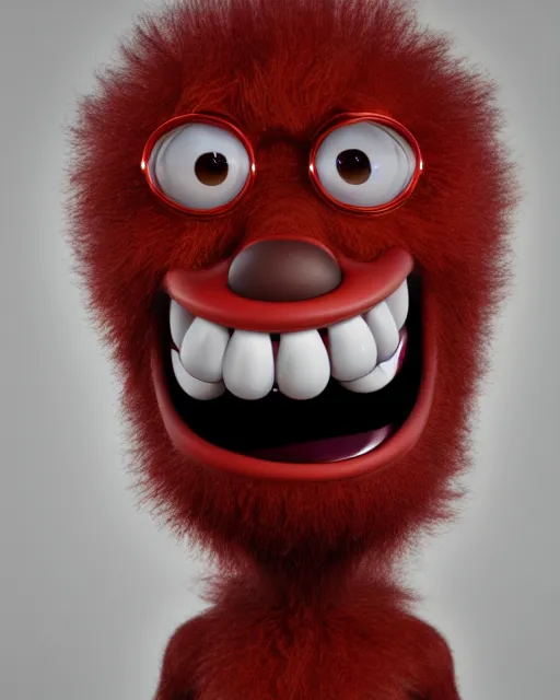 Image similar to 3 d render of completely red hairy friendly antropomorphic creature wearing chrome shades, no nose, shy grin with square teeth, full body, standing on 2 feet, in the style of pixar, white background, unreal engine 5, octane render, highly detailed hdr