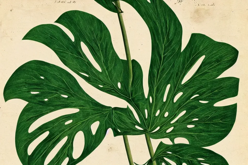 Image similar to detailed 18th century botanical illustration of various monstera leaf