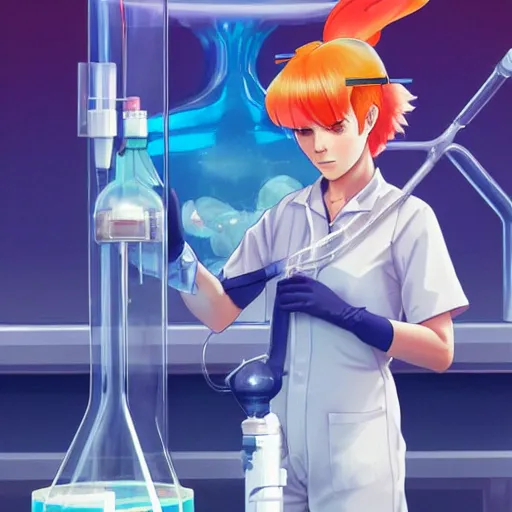 Image similar to British Pokemon original character with peach colored hair and heterochromia, Pixar style, beautiful woman, scientist, standing in a lab in front of a giant containment liquid filled tank, by Tristan Eaton Stanley Artgerm and Tom Bagshaw, Makoto Shinkai ilya kuvshinov and Wojtek Fus