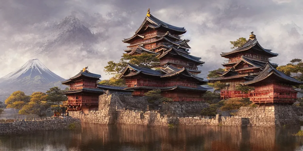 Image similar to japan middle age, giant fortress with cannons guarded by samurais, is built on a strong old wooden bridge, giant goddess with swords, morning, matte painting, concept art, james gurney, greg rutkowski, unreal engine, artstation, john howe