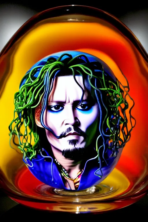 Prompt: still of johnny depp face on a giant glass of wine, by dale chihuly