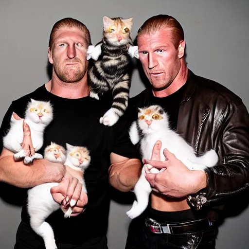 Prompt: orange cassidy and triple H with an armful of kittens posing for a fireman’s calendar