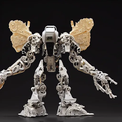 Image similar to realistic combat mech, carved black marble mechanical exoskeleton wearing hardsurface armour, inlaid with obsidian and gold accents, ivory rococo, wings lace wear, sculpted by spider zero, frank gehry, jeff koons, bandai box art