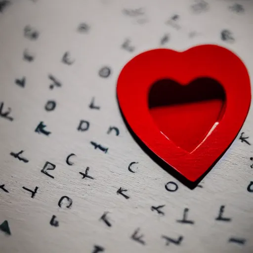 Image similar to instant photograph of letters on a dark wood table, red heart stamped, polaroid, light leak, depth of field