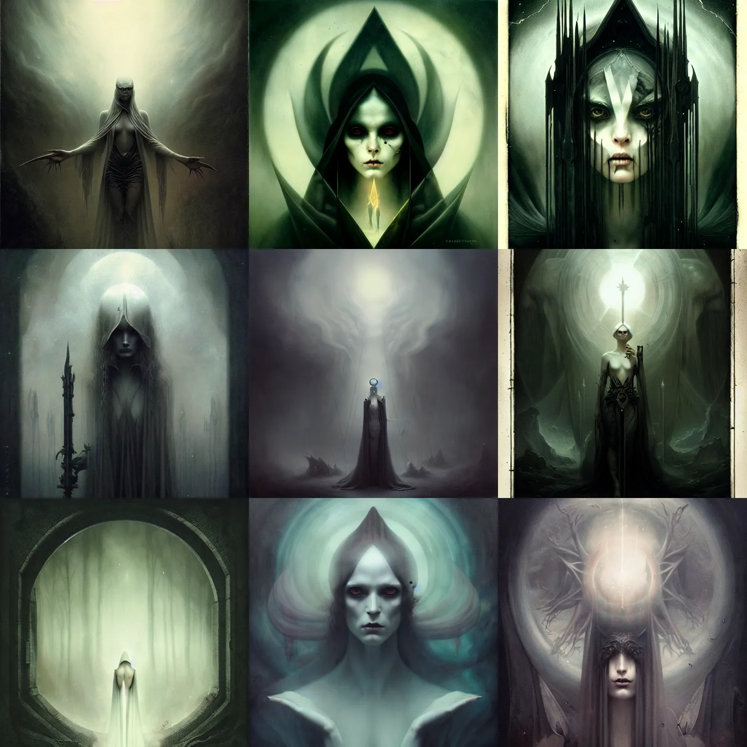 Prompt: dark ambient album cover, asymetrical design, magic, apocalypse, occult, magic, tom bagshaw, simon bisley, carus, carl gustav