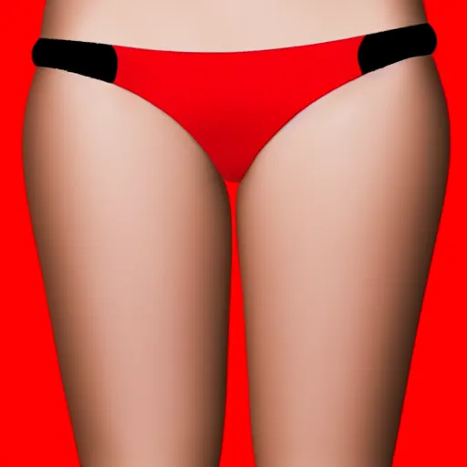 Image similar to young blonde woman with green eyes in a red thong bikini, hyper realistic